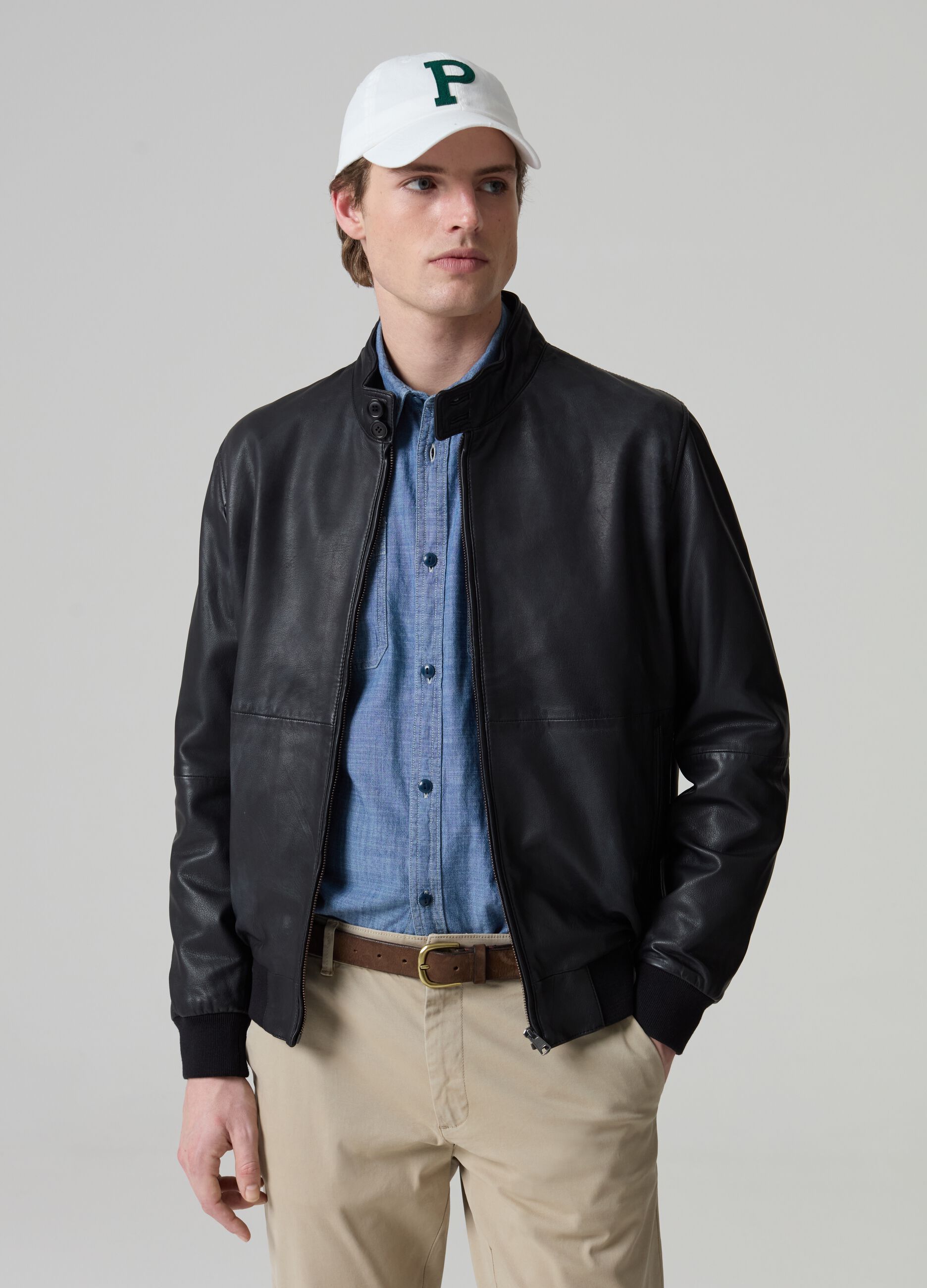 Leather bomber jacket with high neck_0