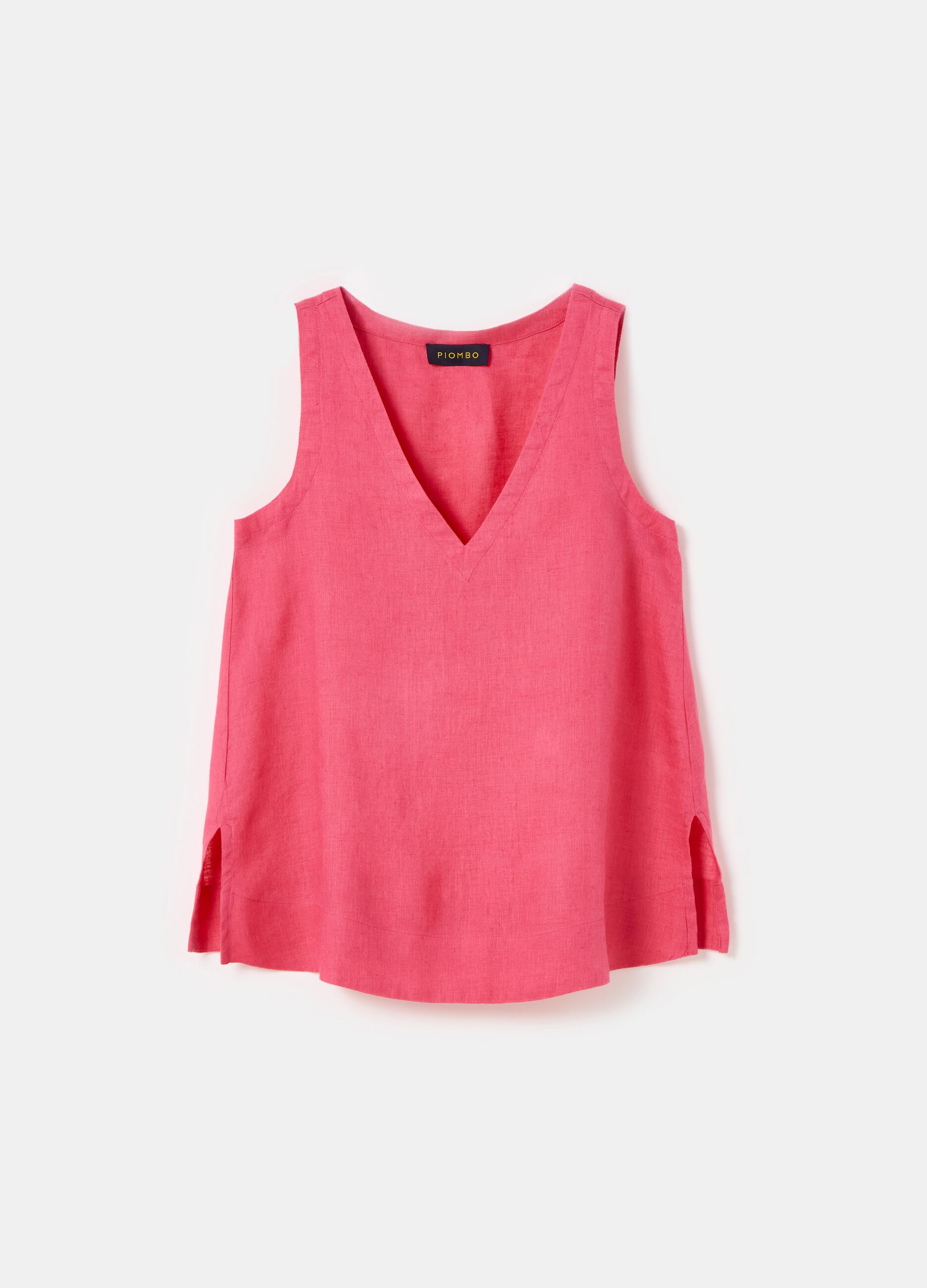 Sleeveless blouse in linen with V neck