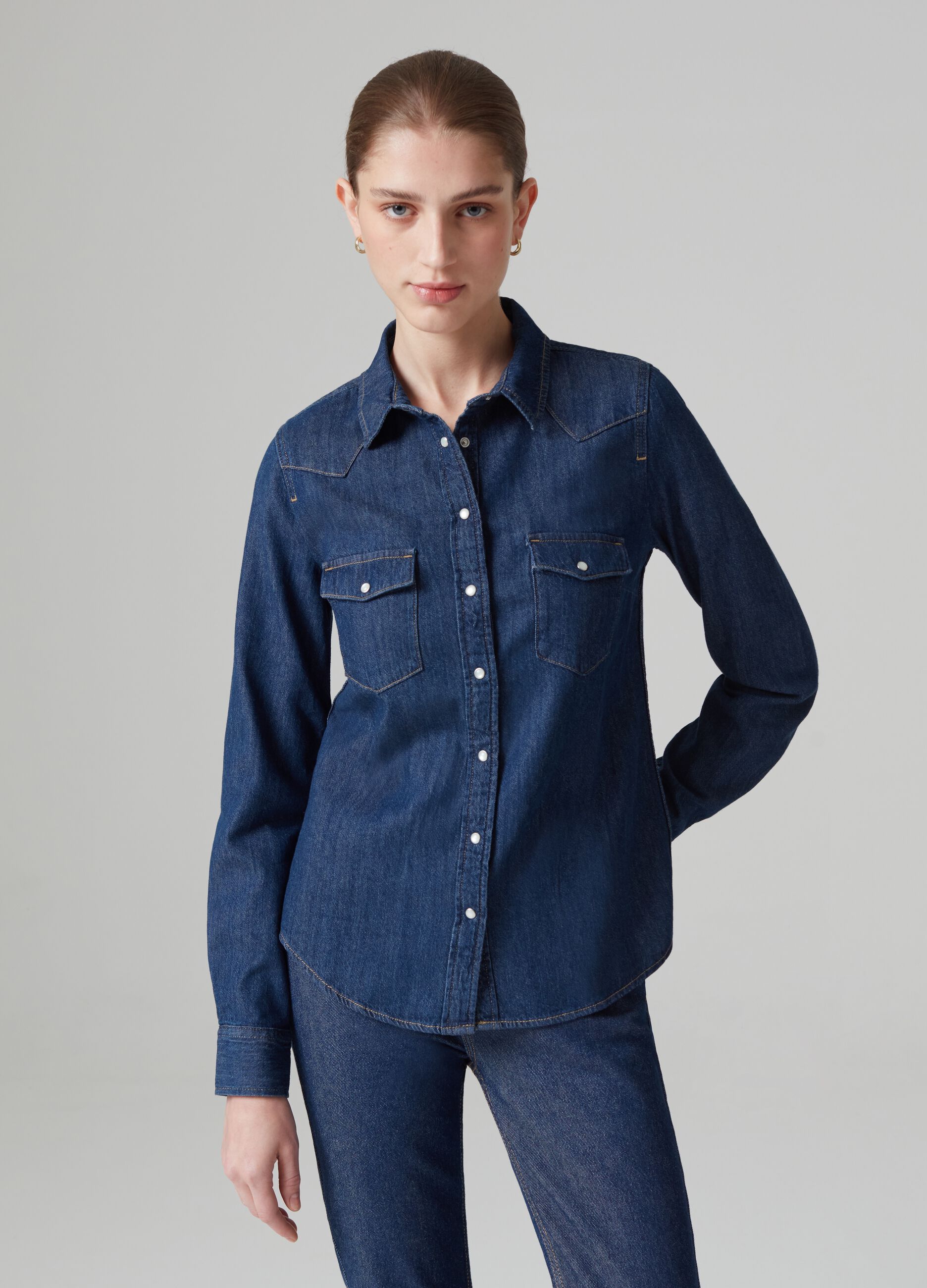 Denim western shirt with pearl buttons