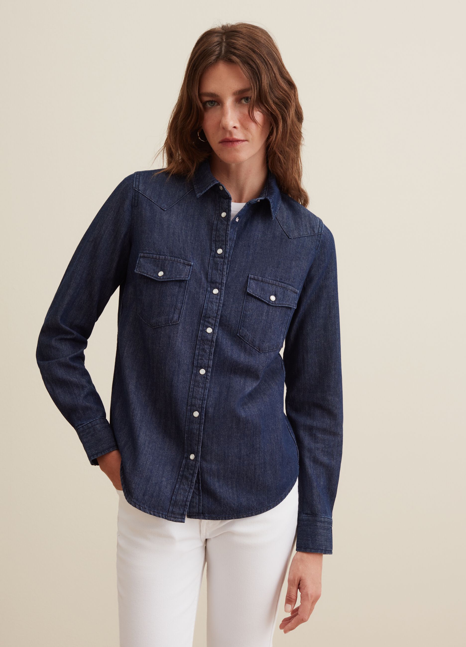 Woman\'s Dark Wash Western PIOMBO in shirt | buttons pearl denim with