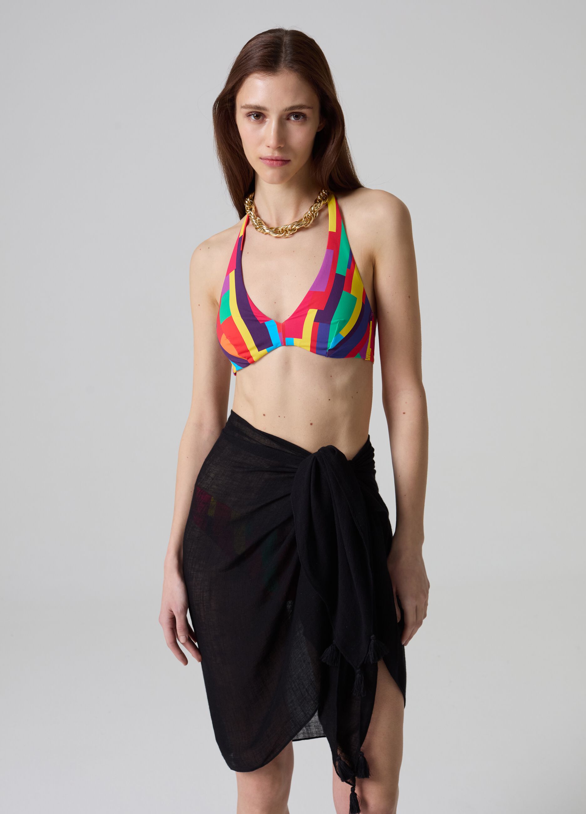 Triangle bikini top with multi-color print_1