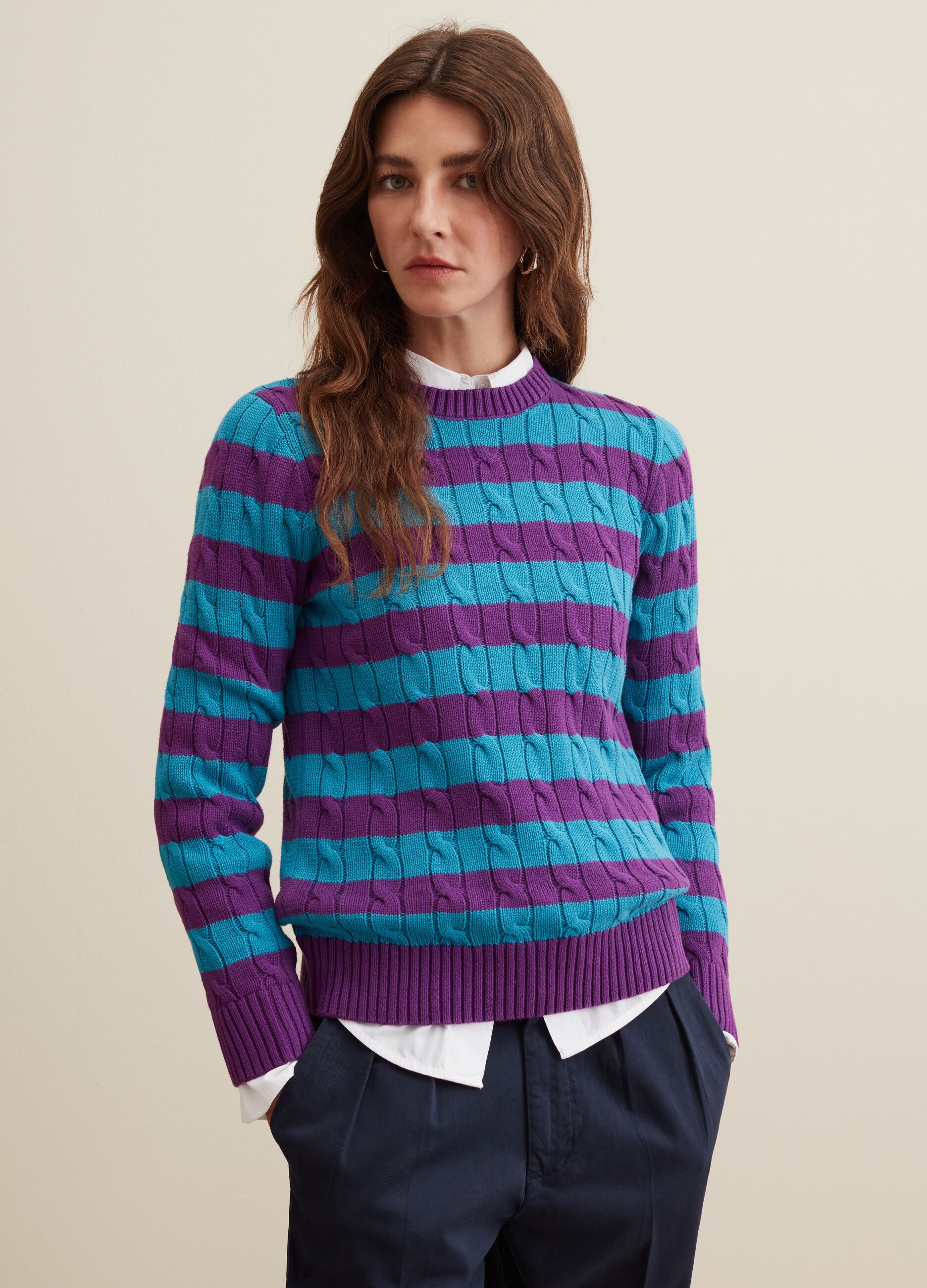 Striped pullover with cable-knit design_1