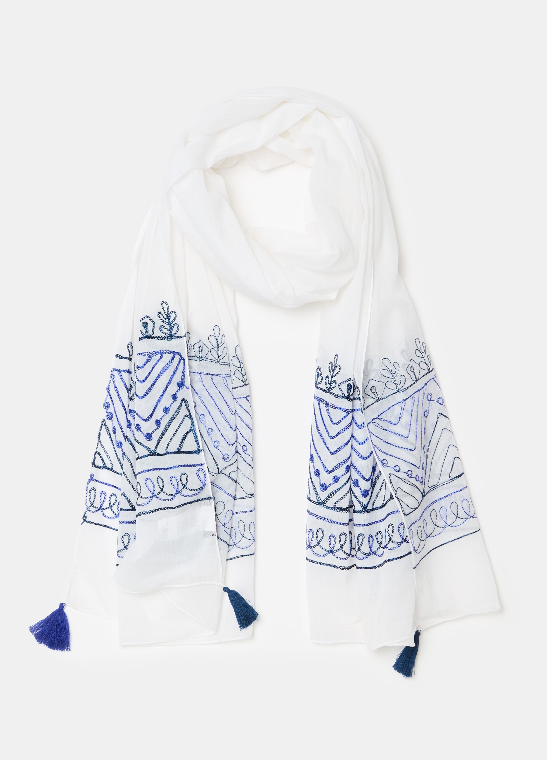 Cotton scarf with and tassels and embroidery_0