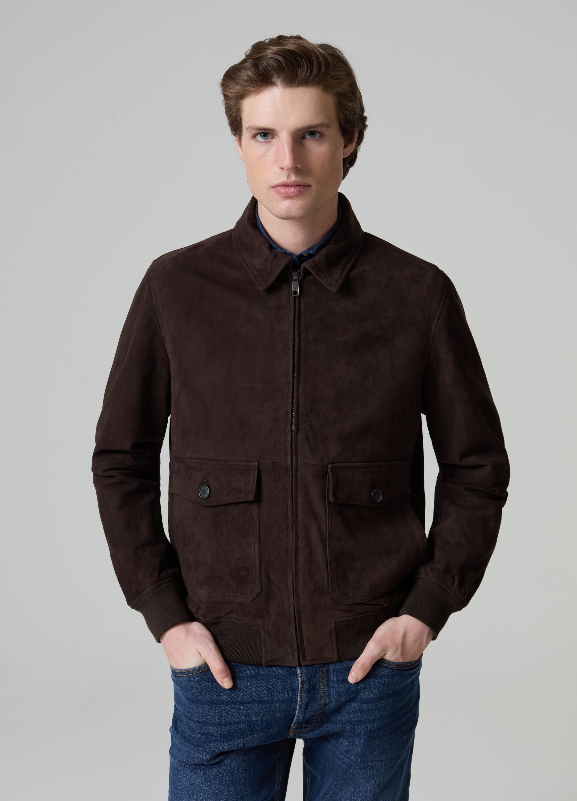 Short suede jacket with collar and zip_1