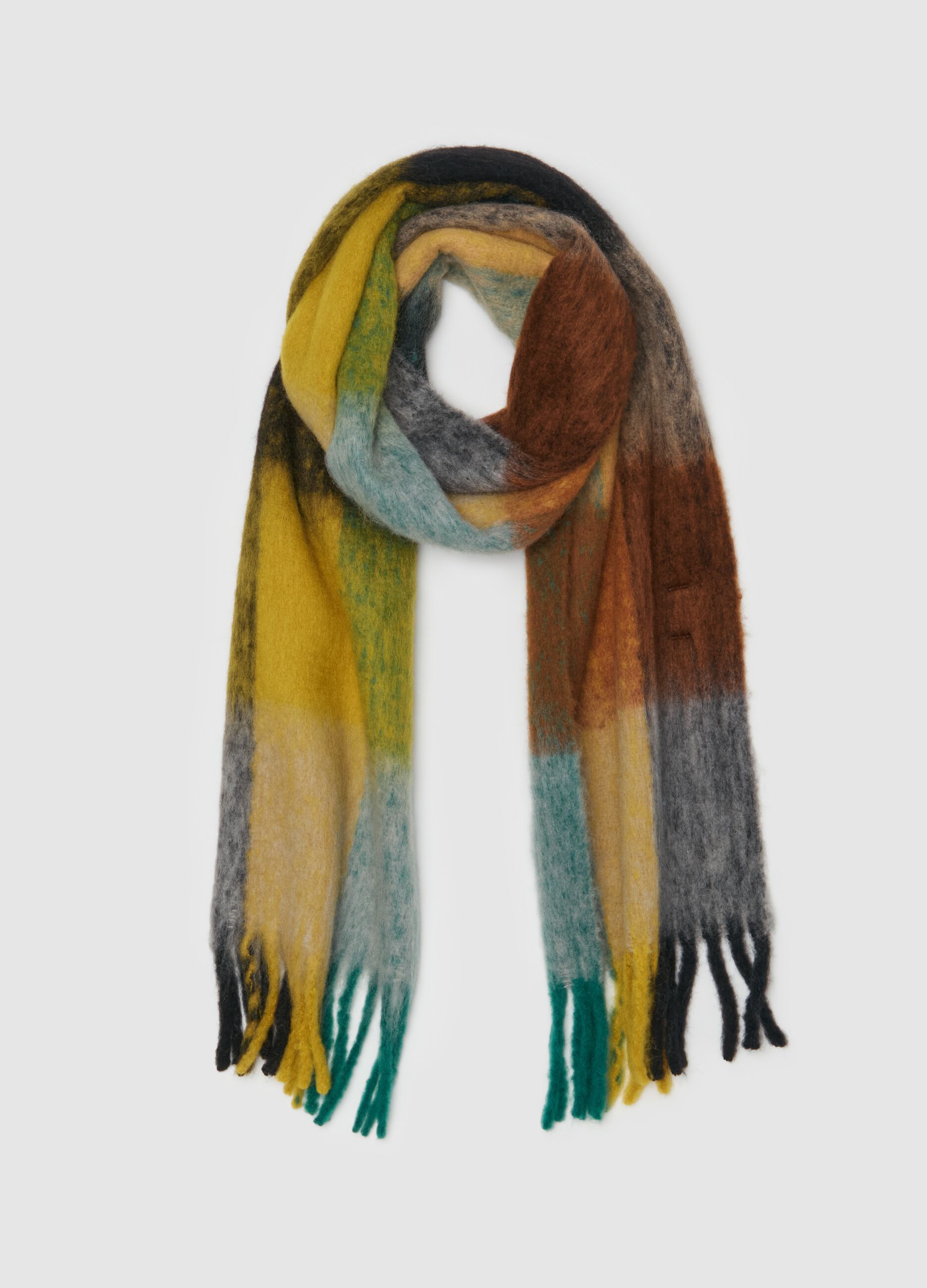 Multicoloured check scarf with fringing_0