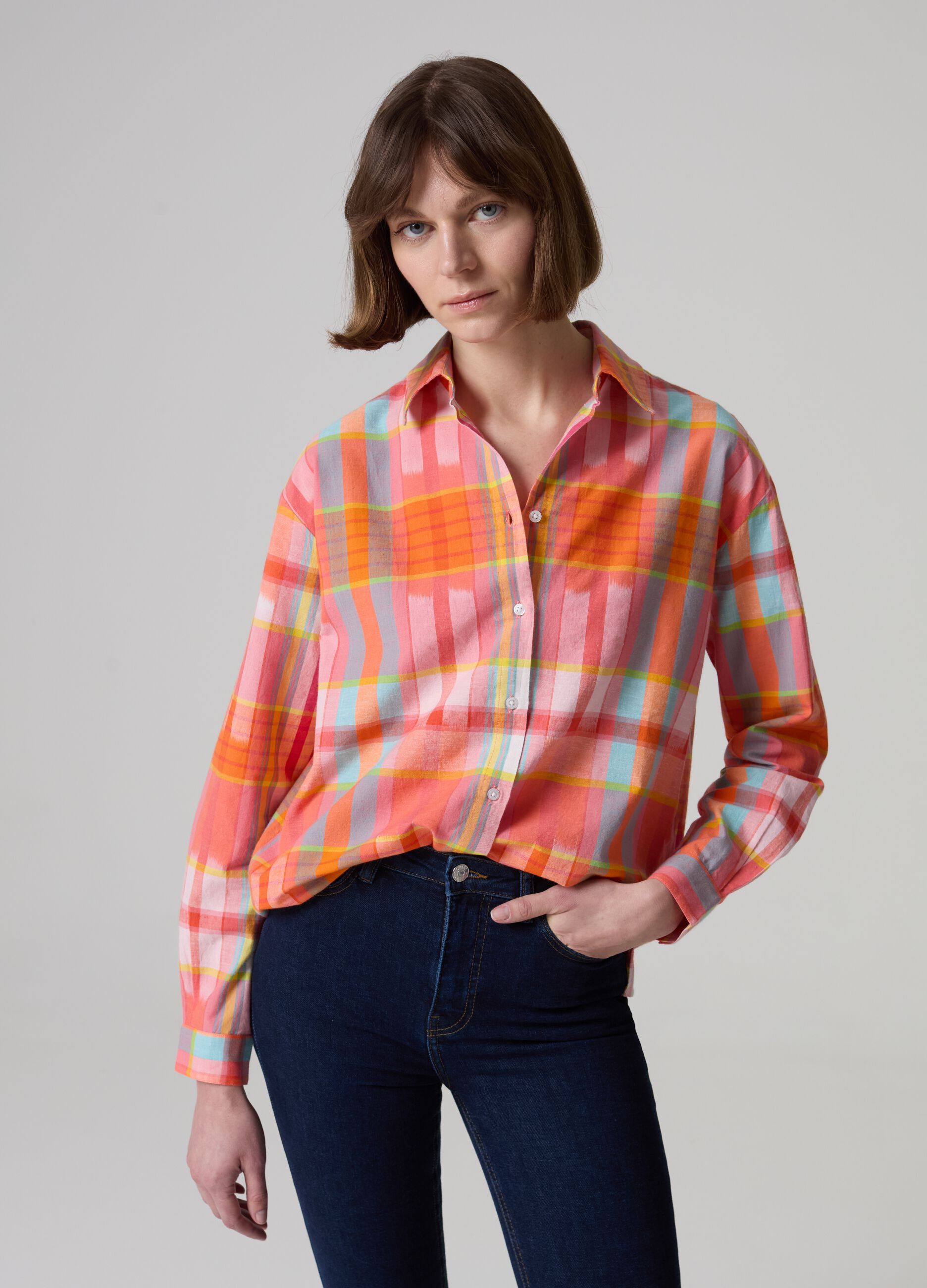 Linen and cotton shirt with check pattern