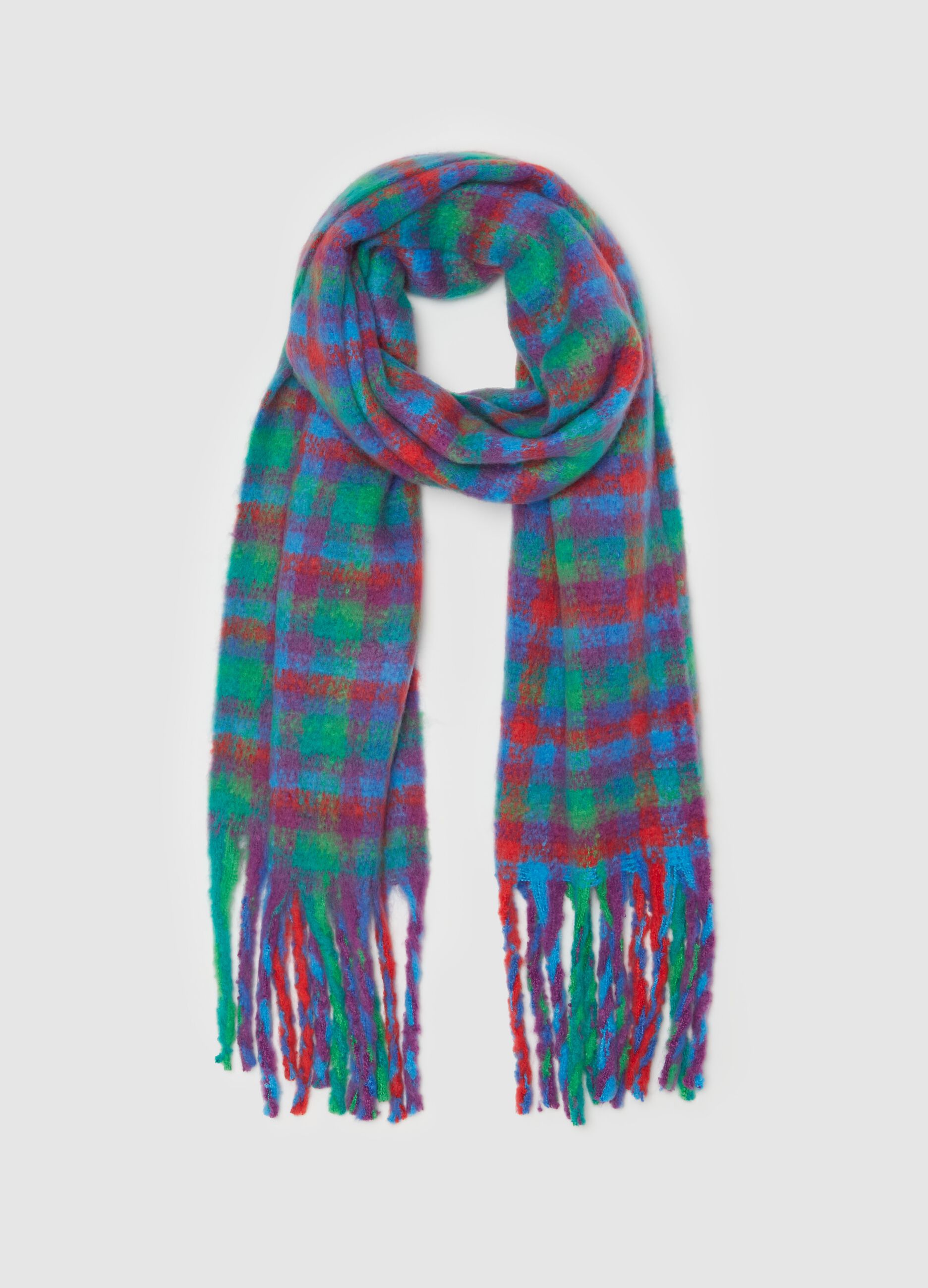 Chequered print scarf with fringe_1