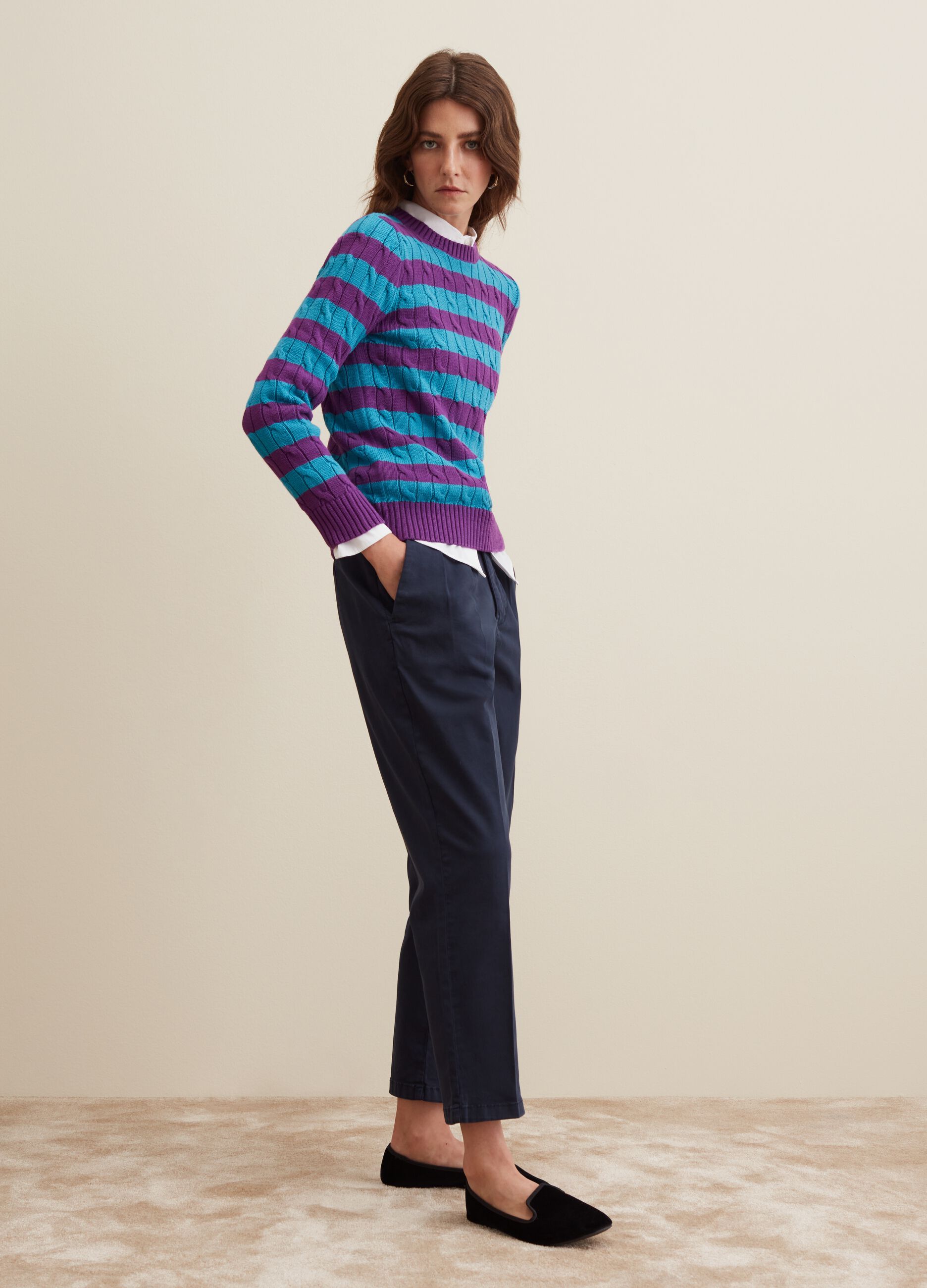 Striped pullover with cable-knit design_3