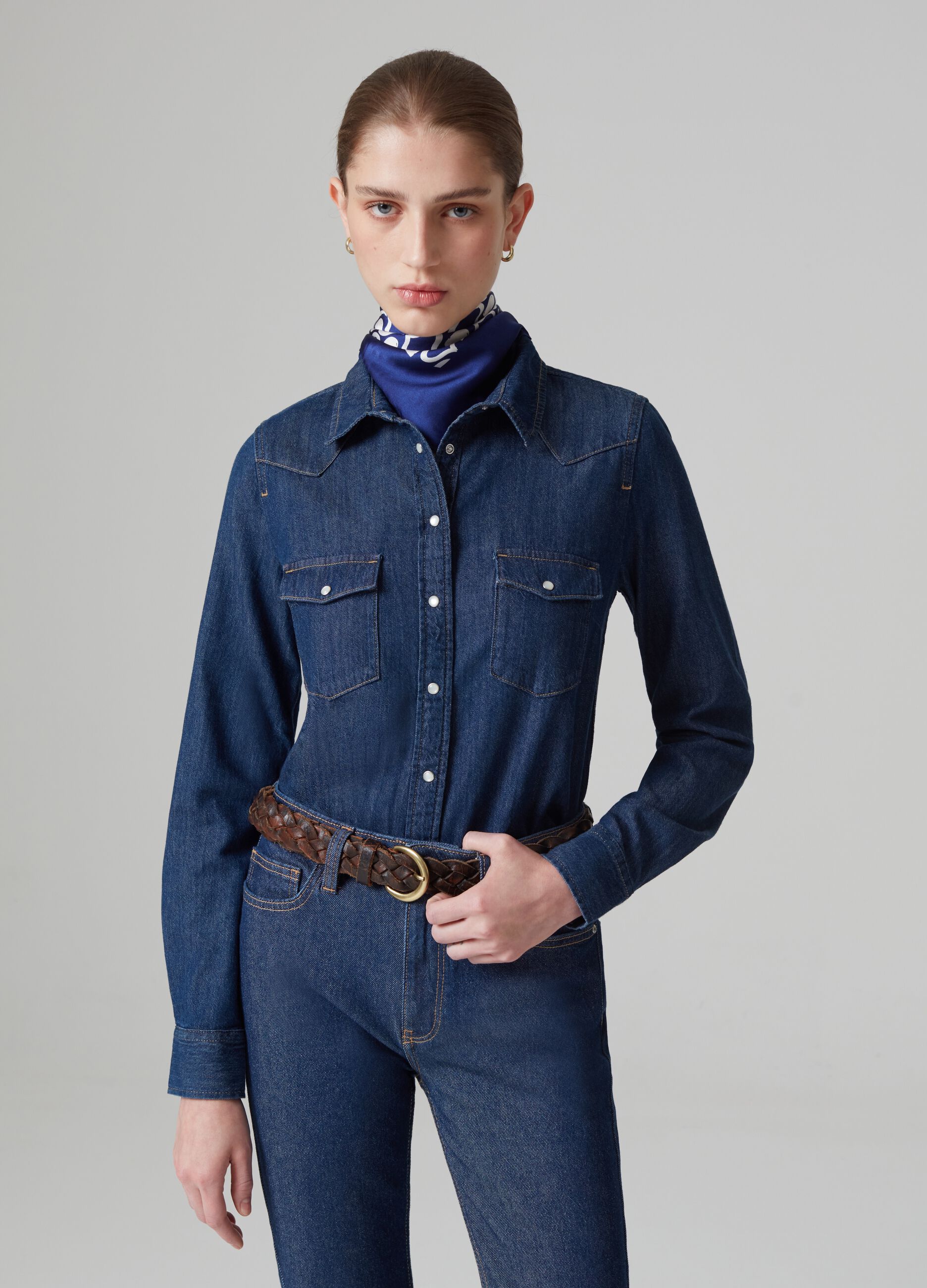 Denim western shirt with pearl buttons_0