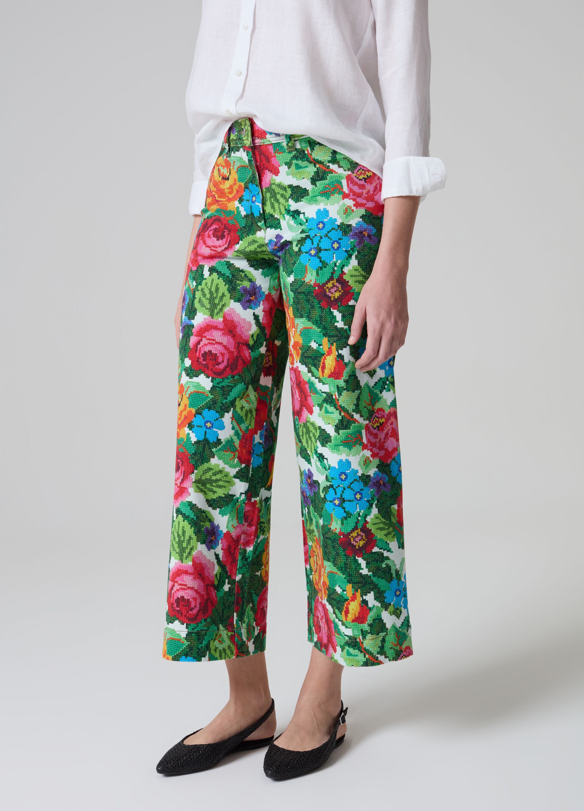 Embroidery-effect floral wide-leg trousers