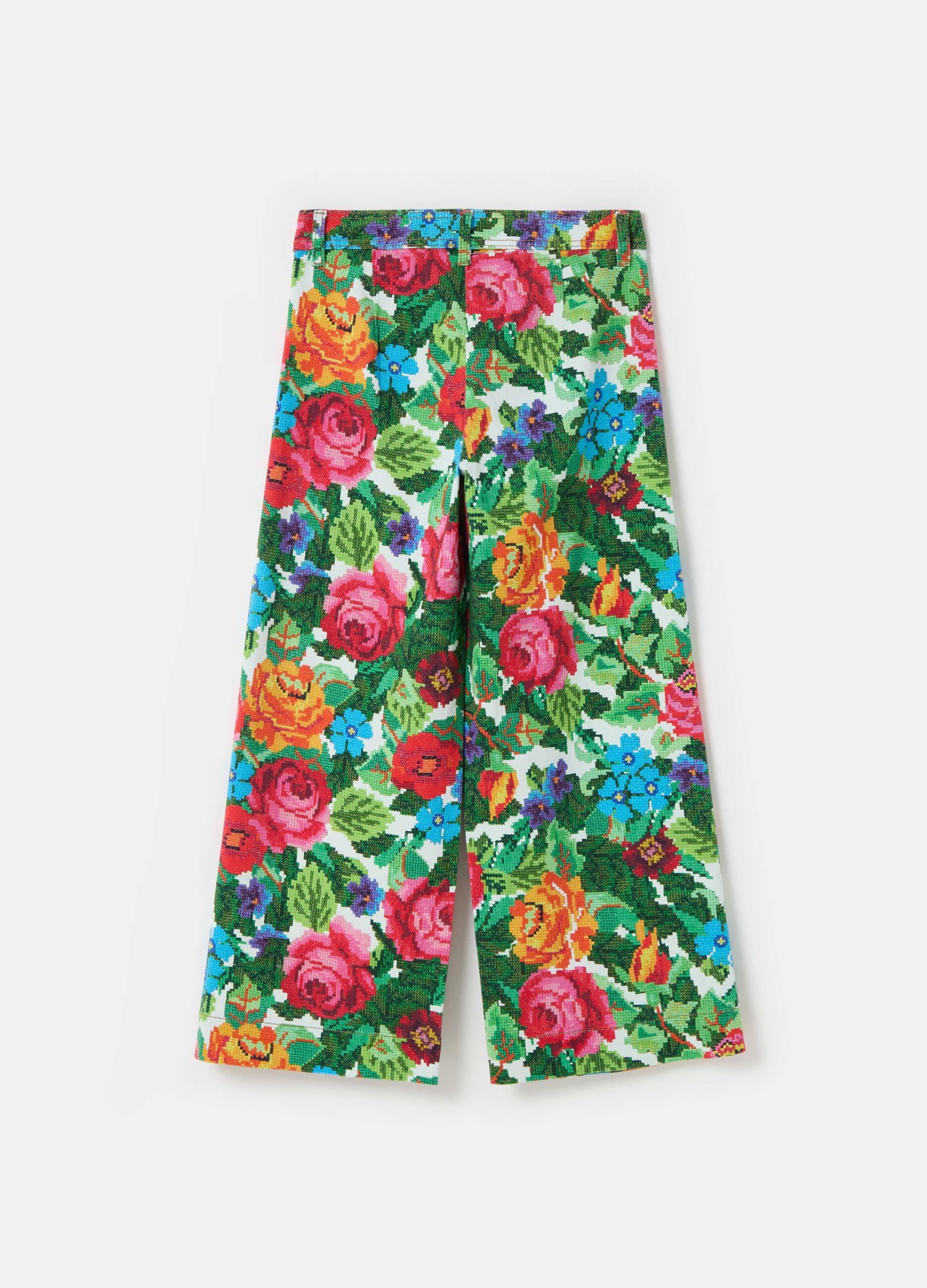 Embroidery-effect floral wide-leg trousers