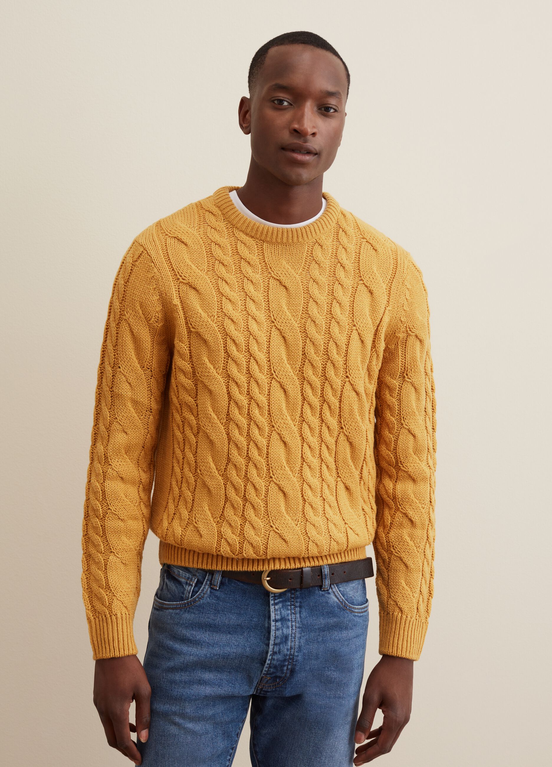 Man's Sunflower Yellow Cable knit crew-neck pullover