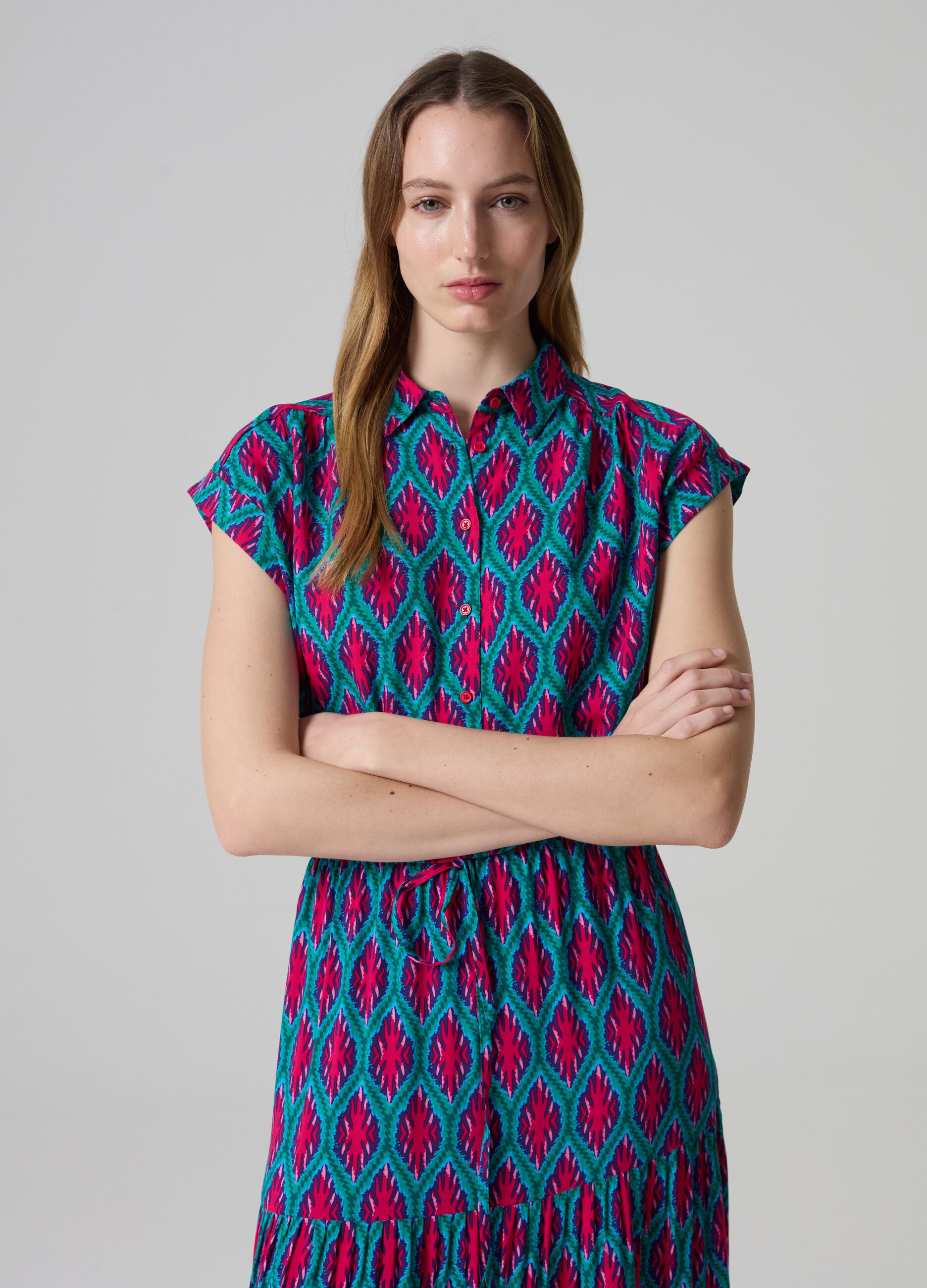 Short-sleeved blouse with print and drawstring_1