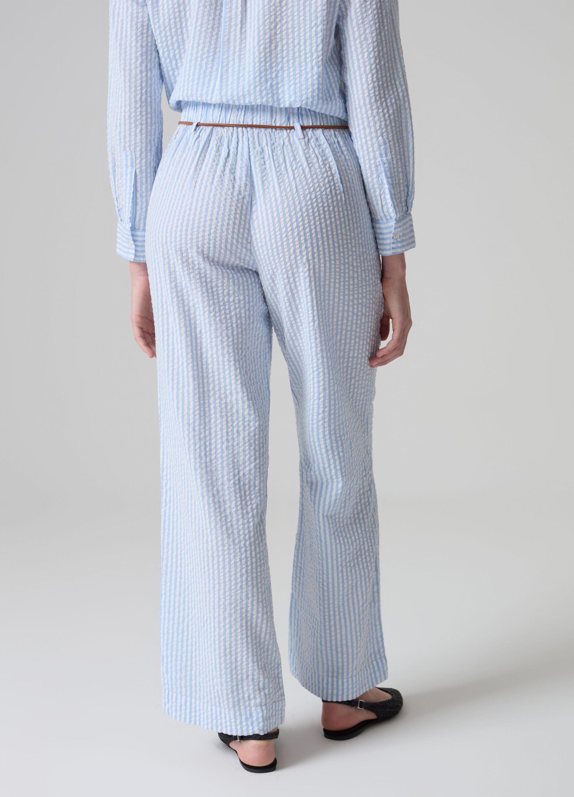 Striped seersucker trousers with belt