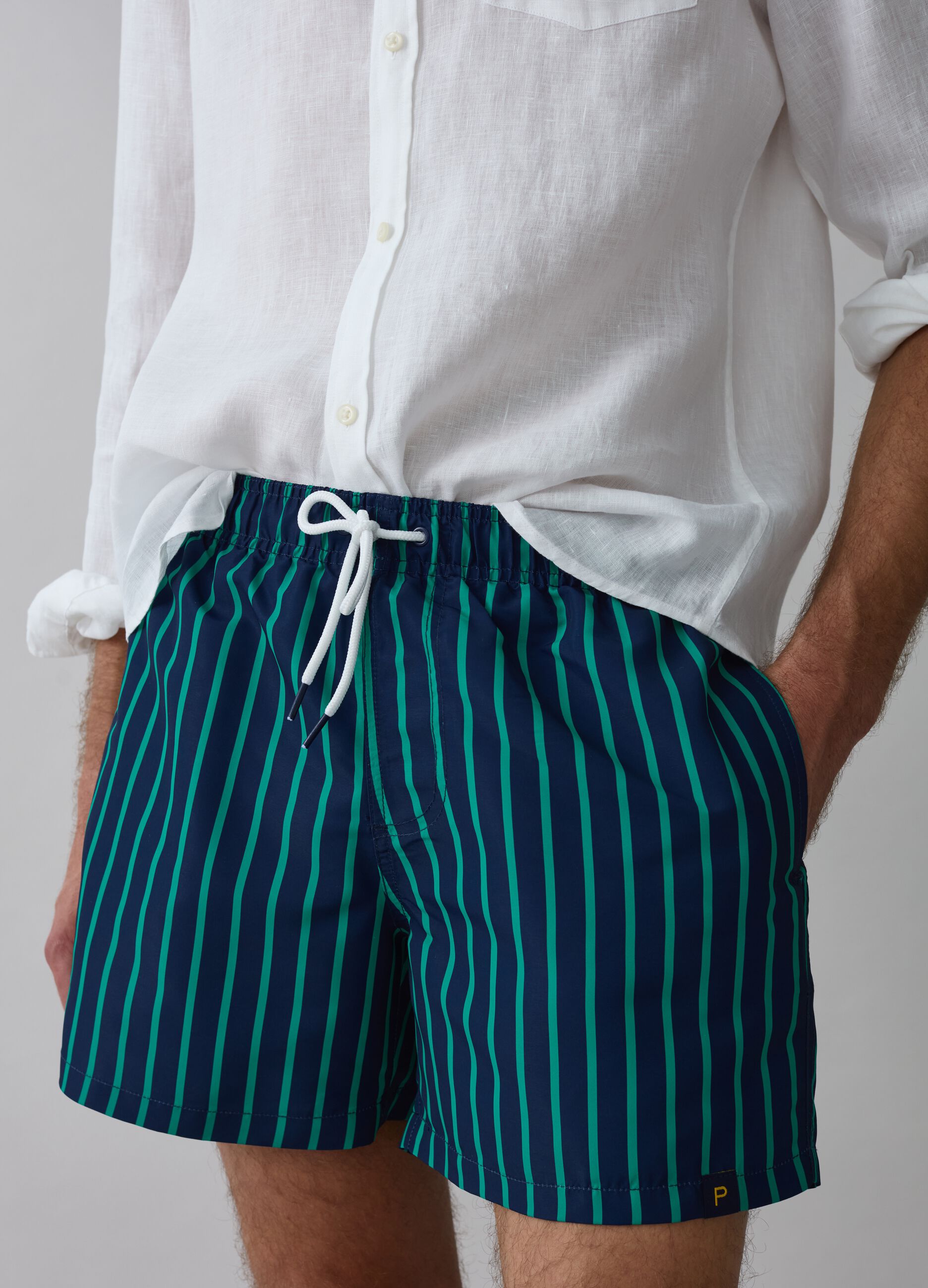 Striped Bermuda swim shorts with drawstring