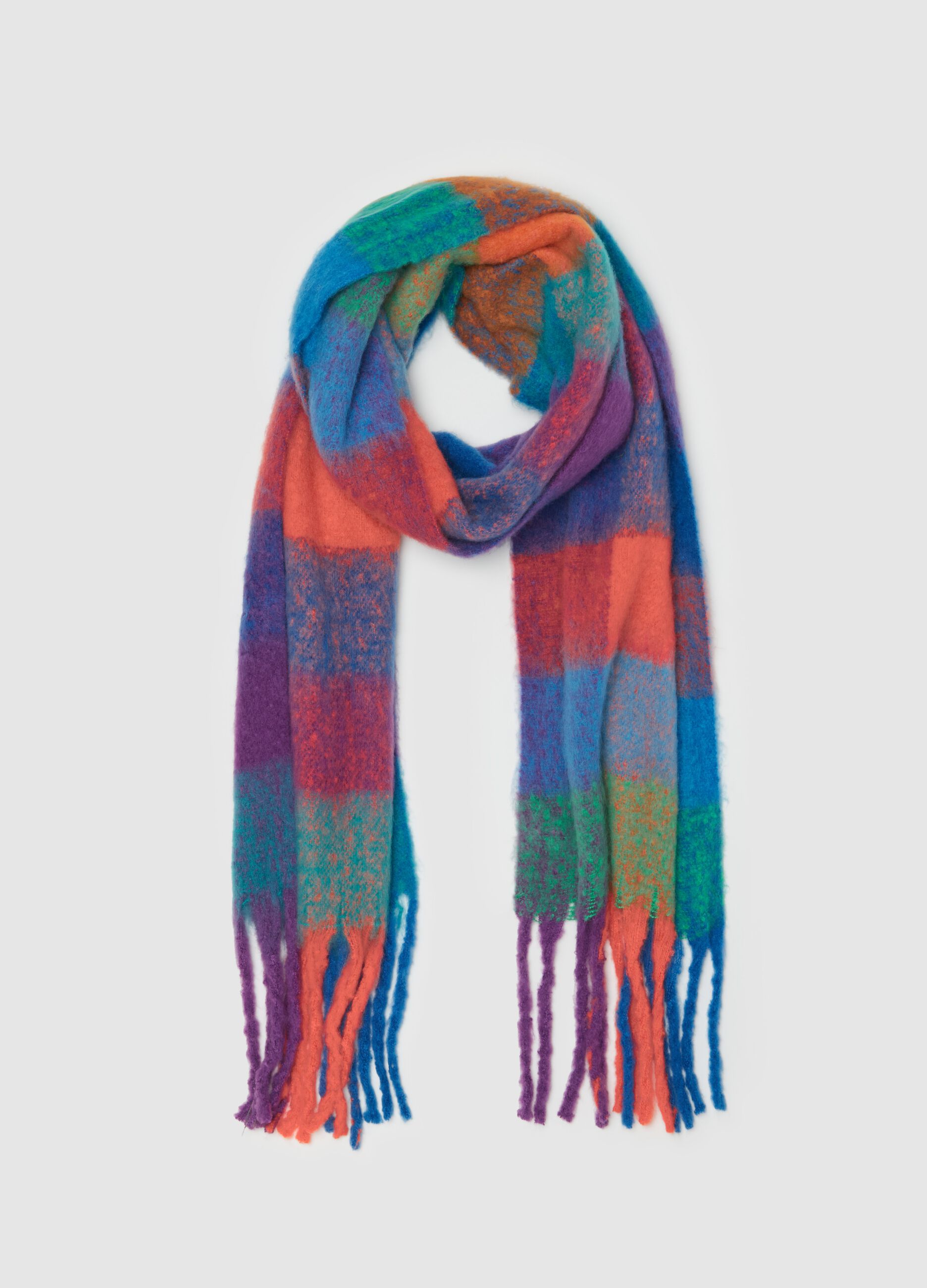 Multicoloured check scarf with fringing_0