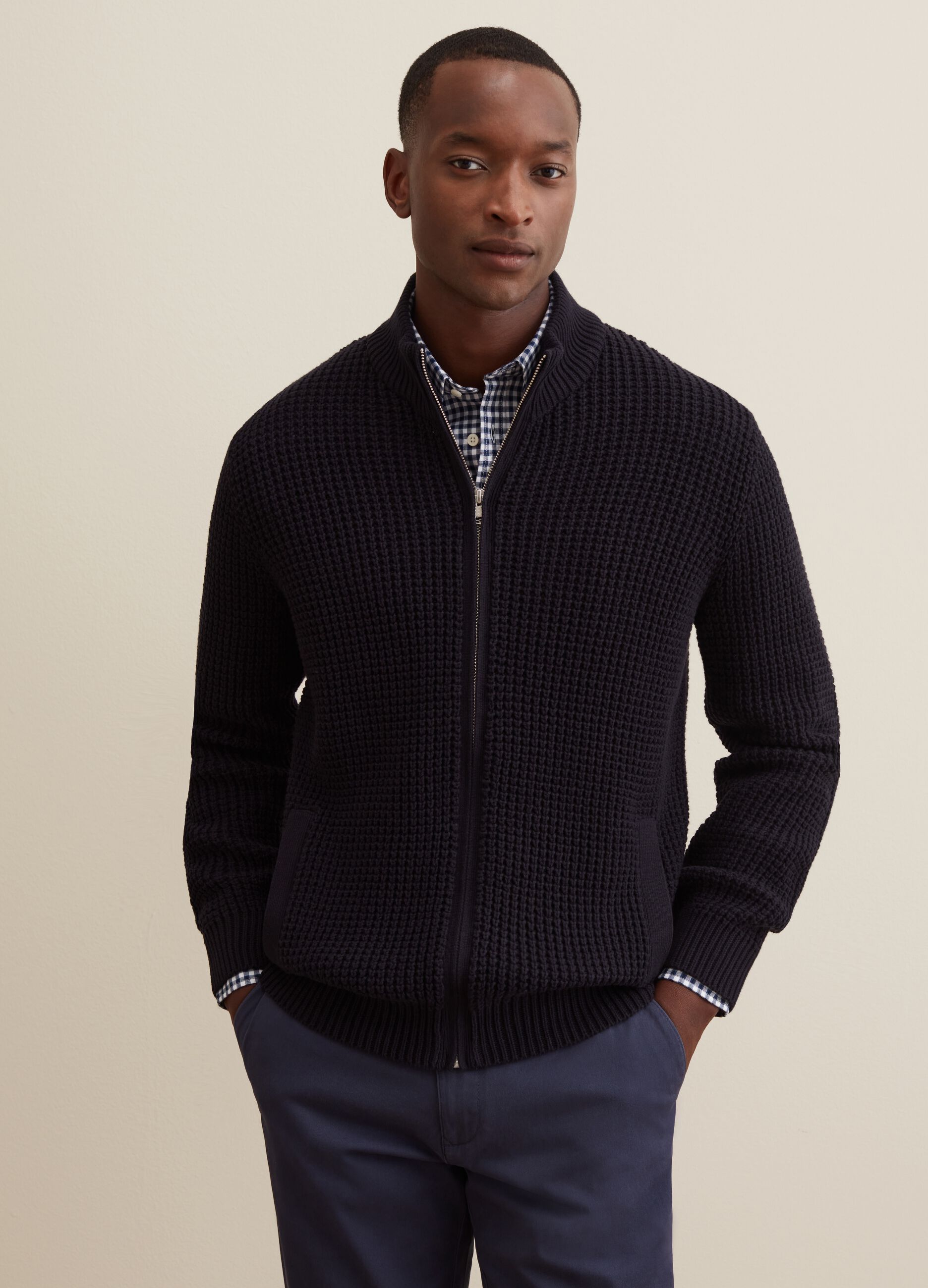 Full-zip cardigan with high neck