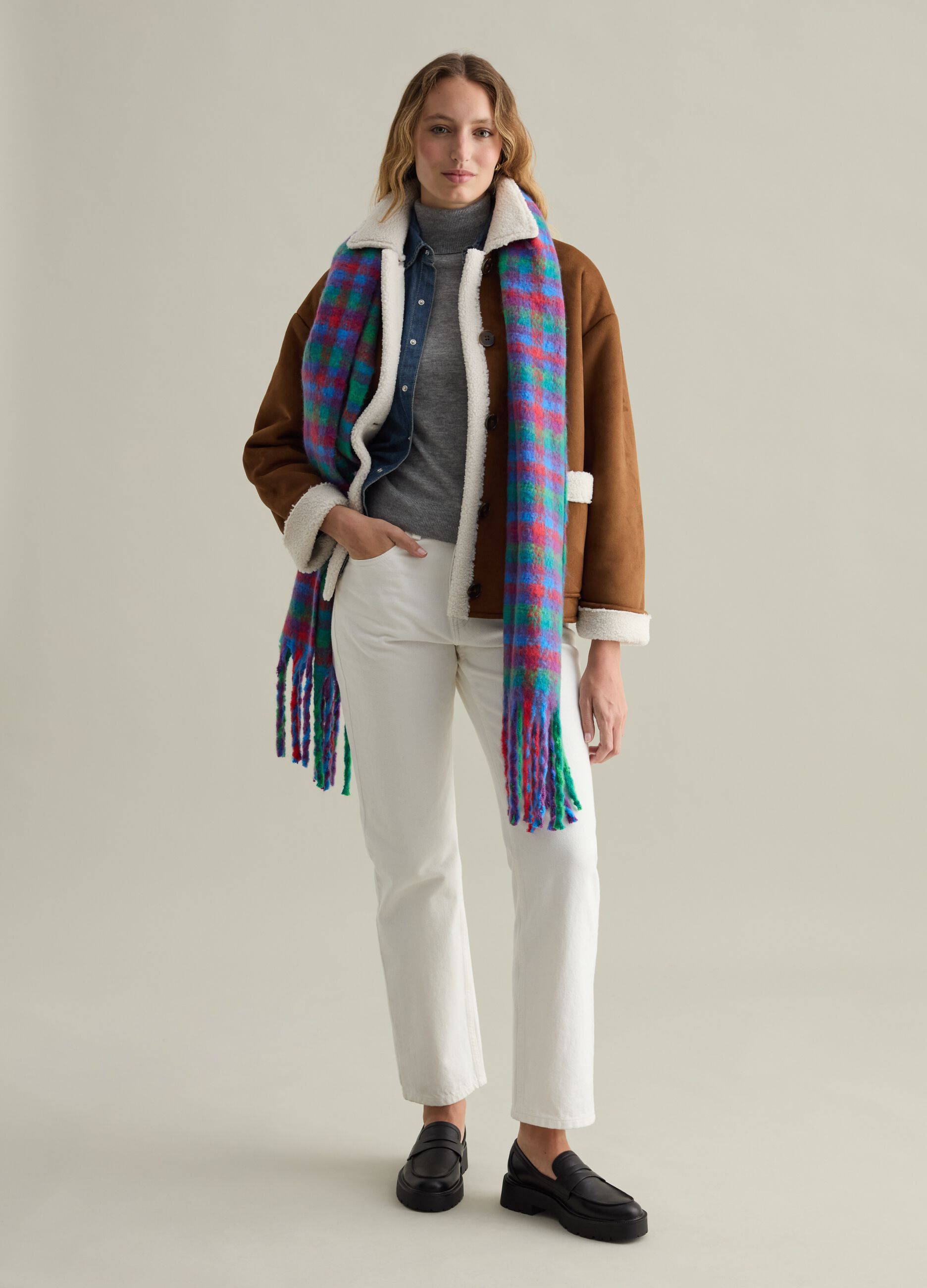 Chequered print scarf with fringe_0