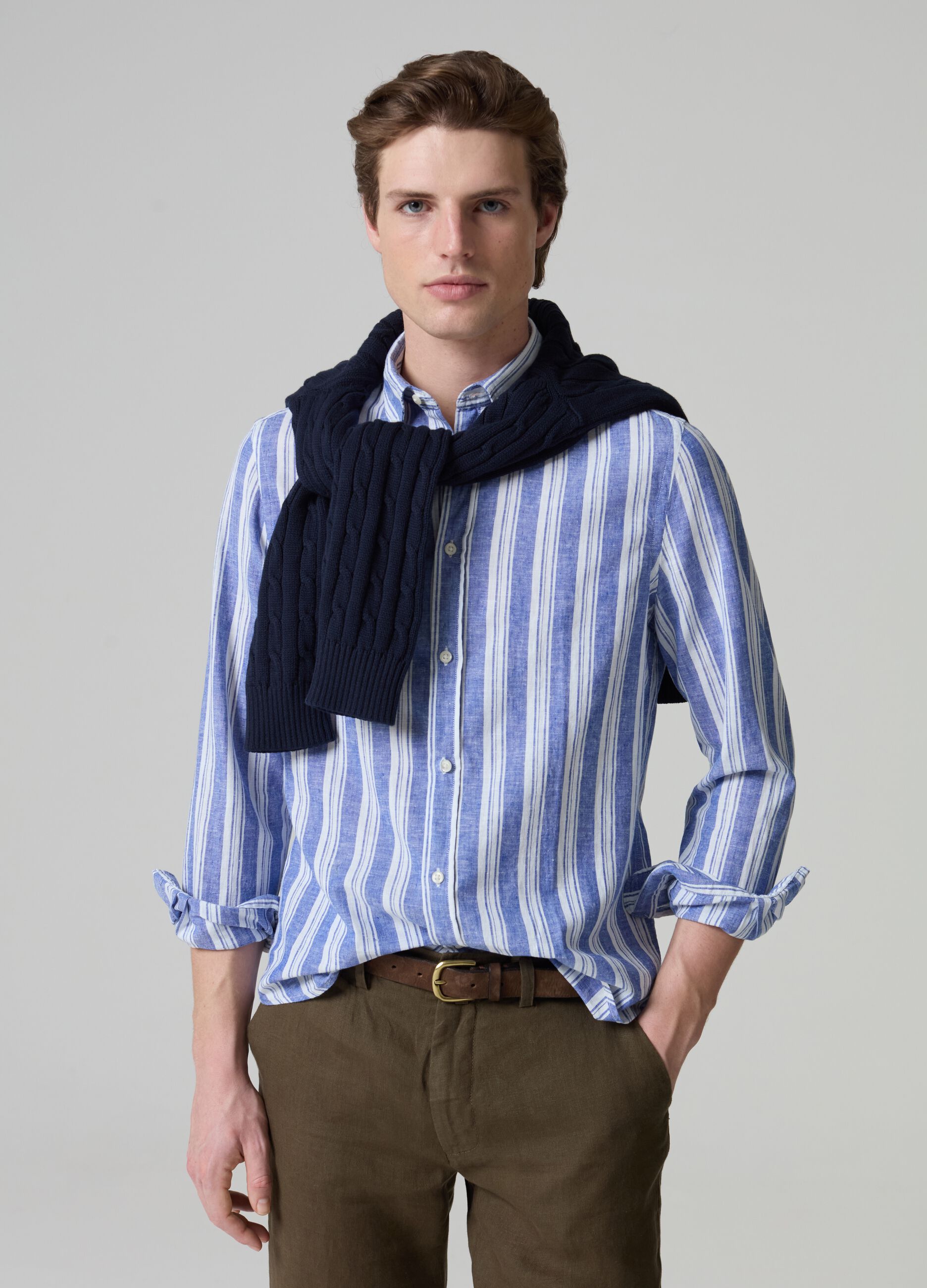 Striped linen and cotton shirt_0