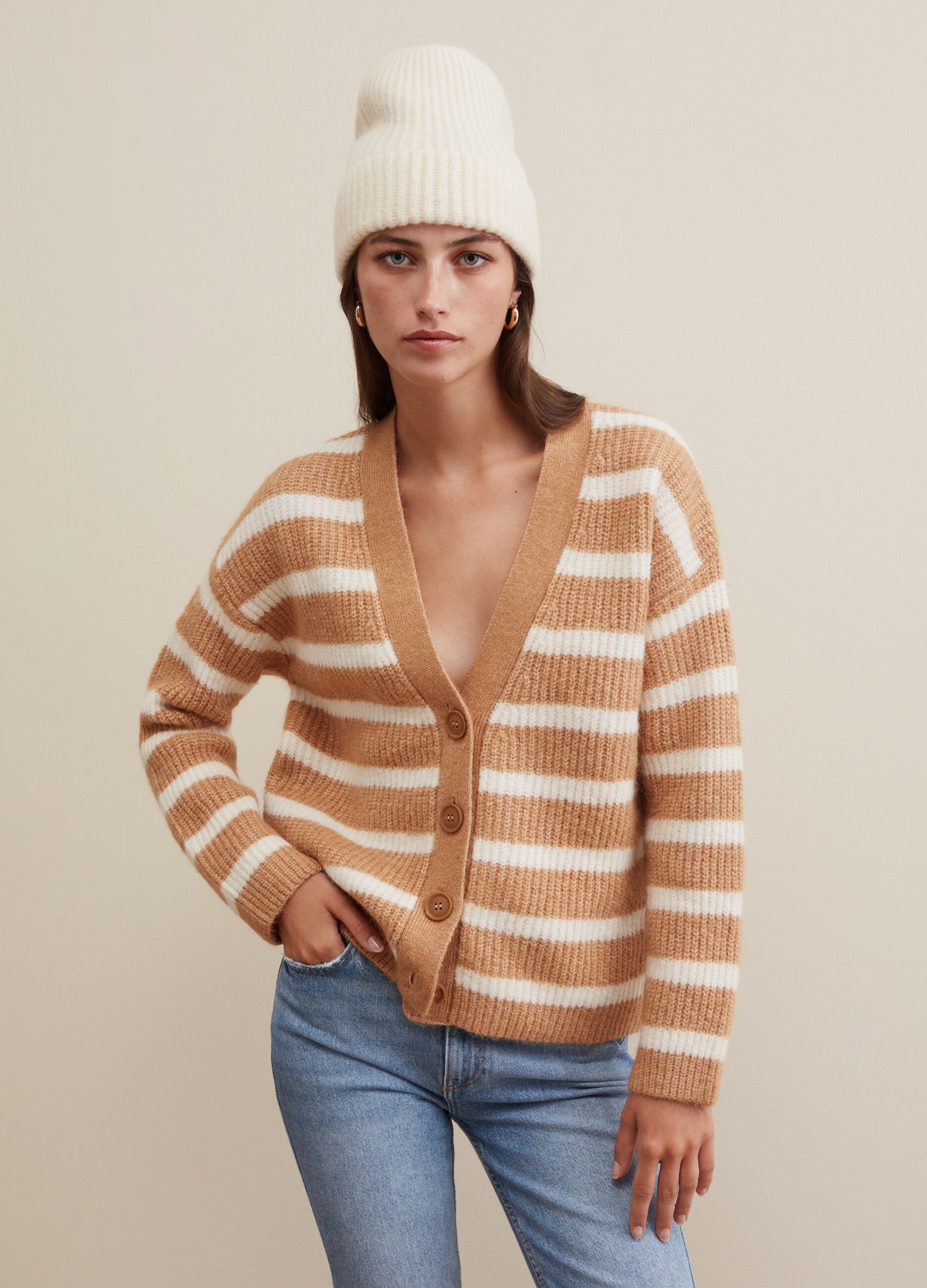 Flat-ribbed cardigan with striped pattern