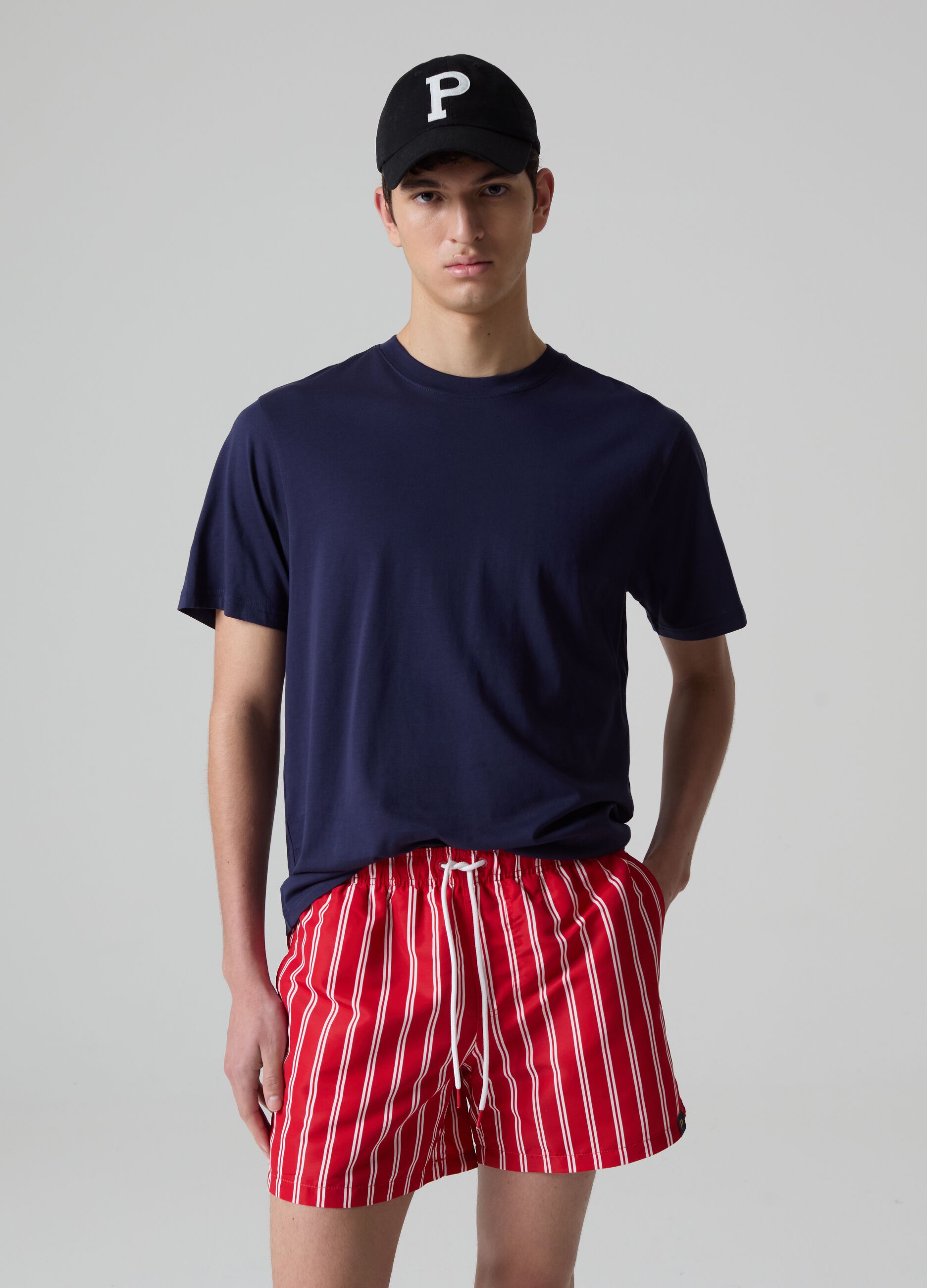 Bermuda swim shorts with fine stripes