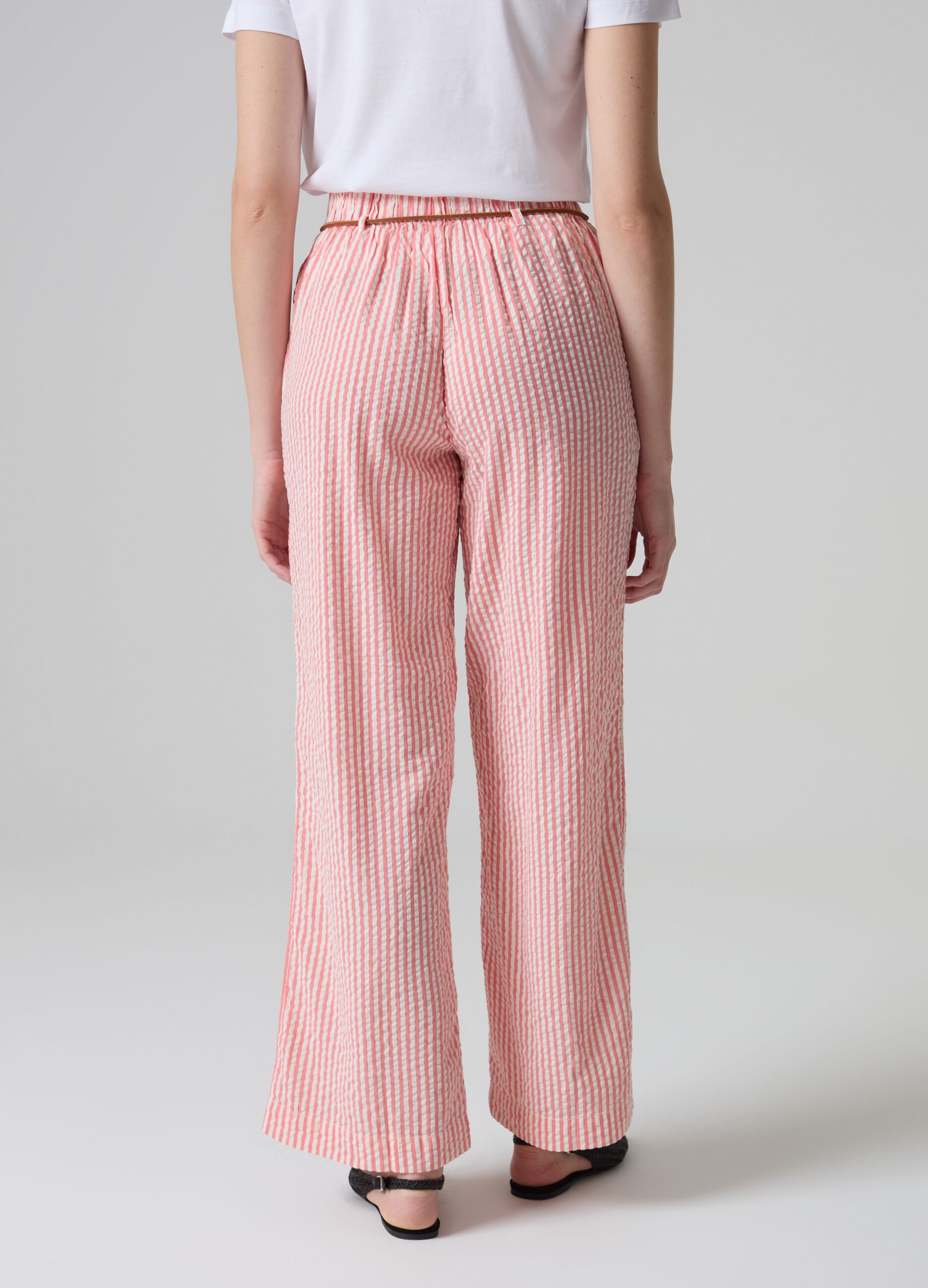 Striped seersucker trousers with belt