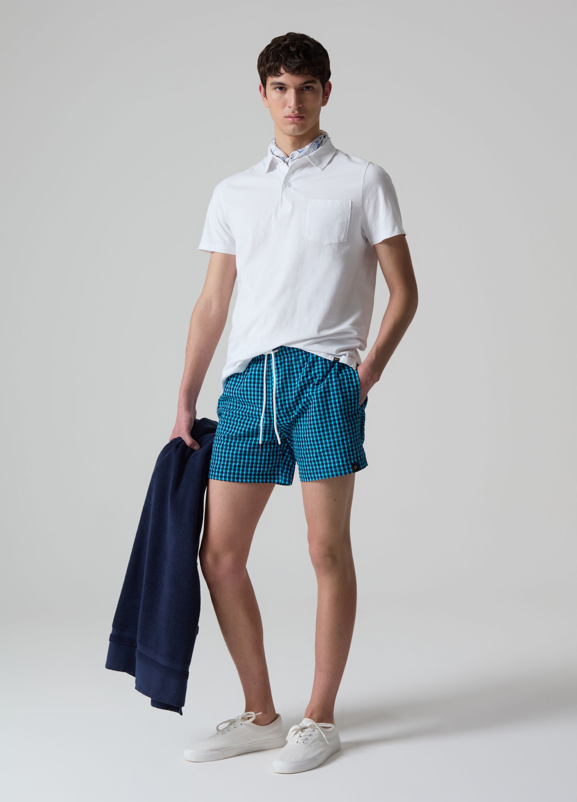 Bermuda swim shorts in gingham seersucker