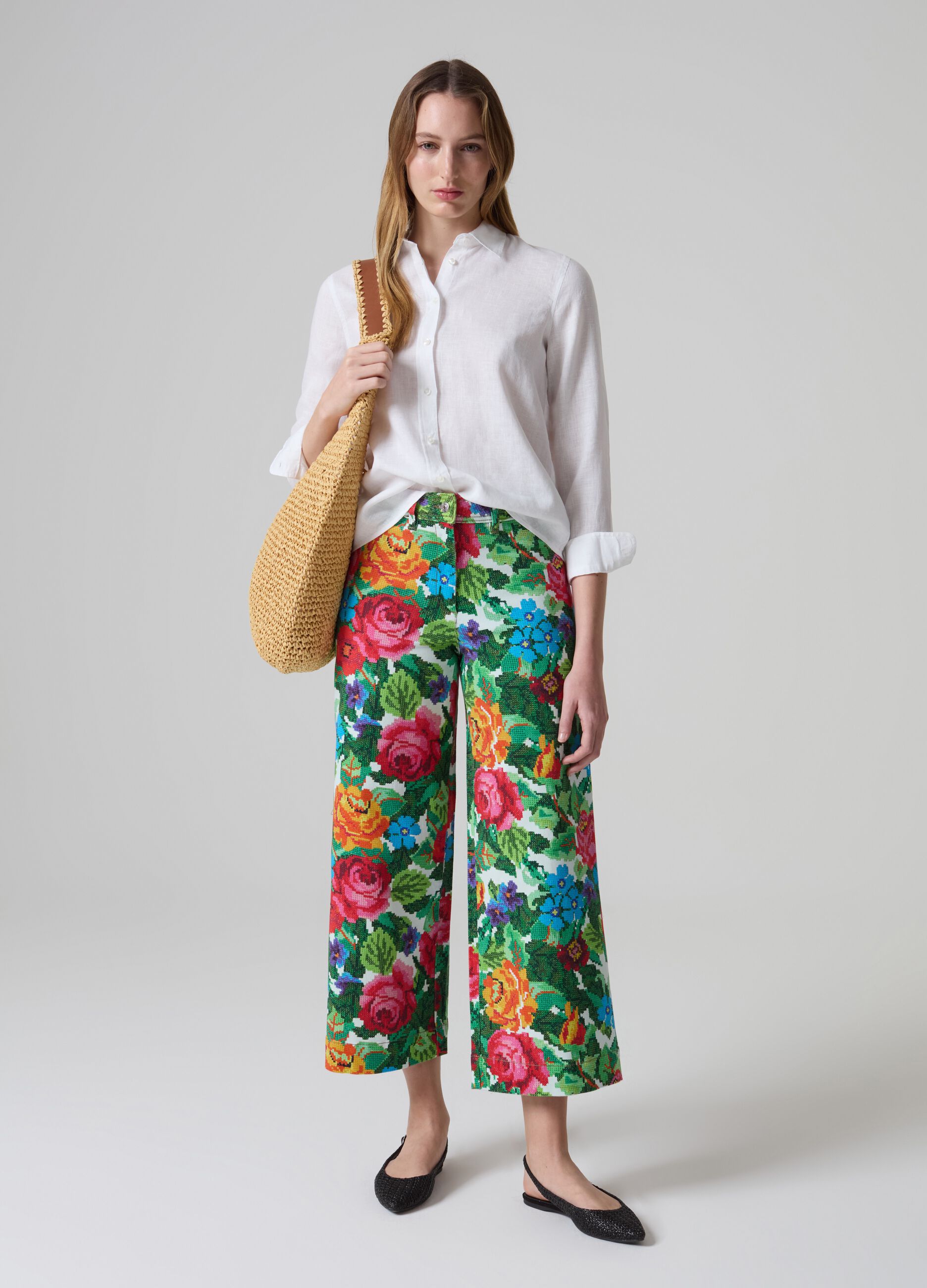 Embroidery-effect floral wide-leg trousers