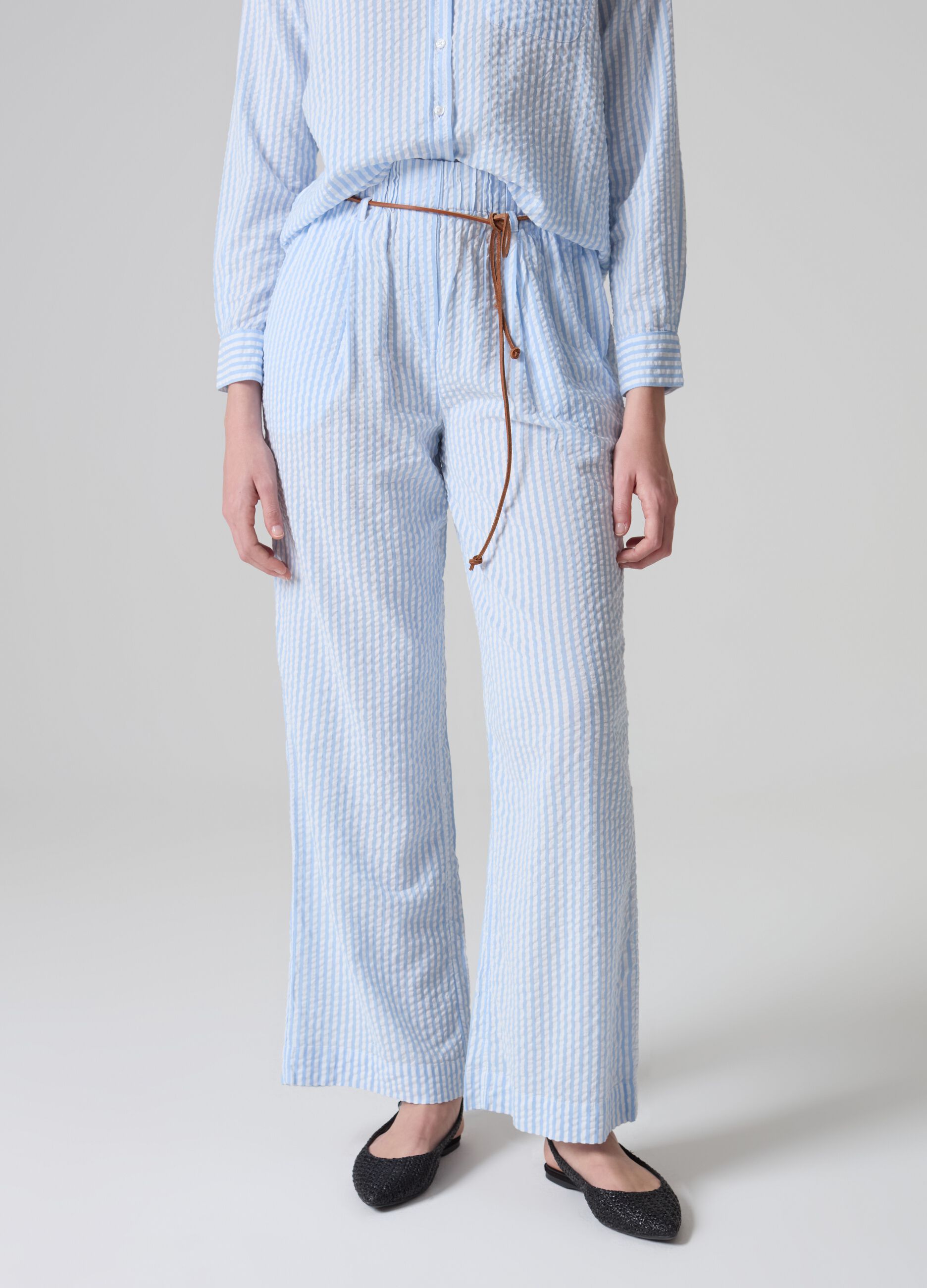 Striped seersucker trousers with belt