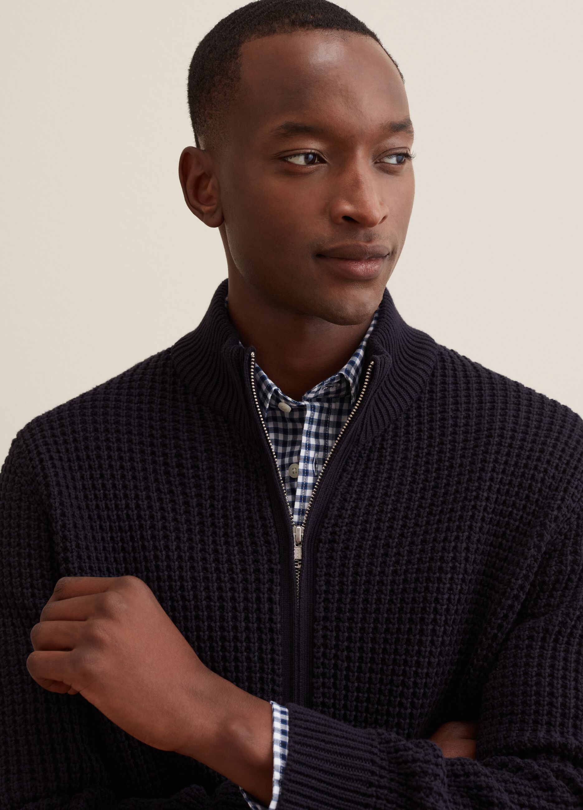 Full-zip cardigan with high neck