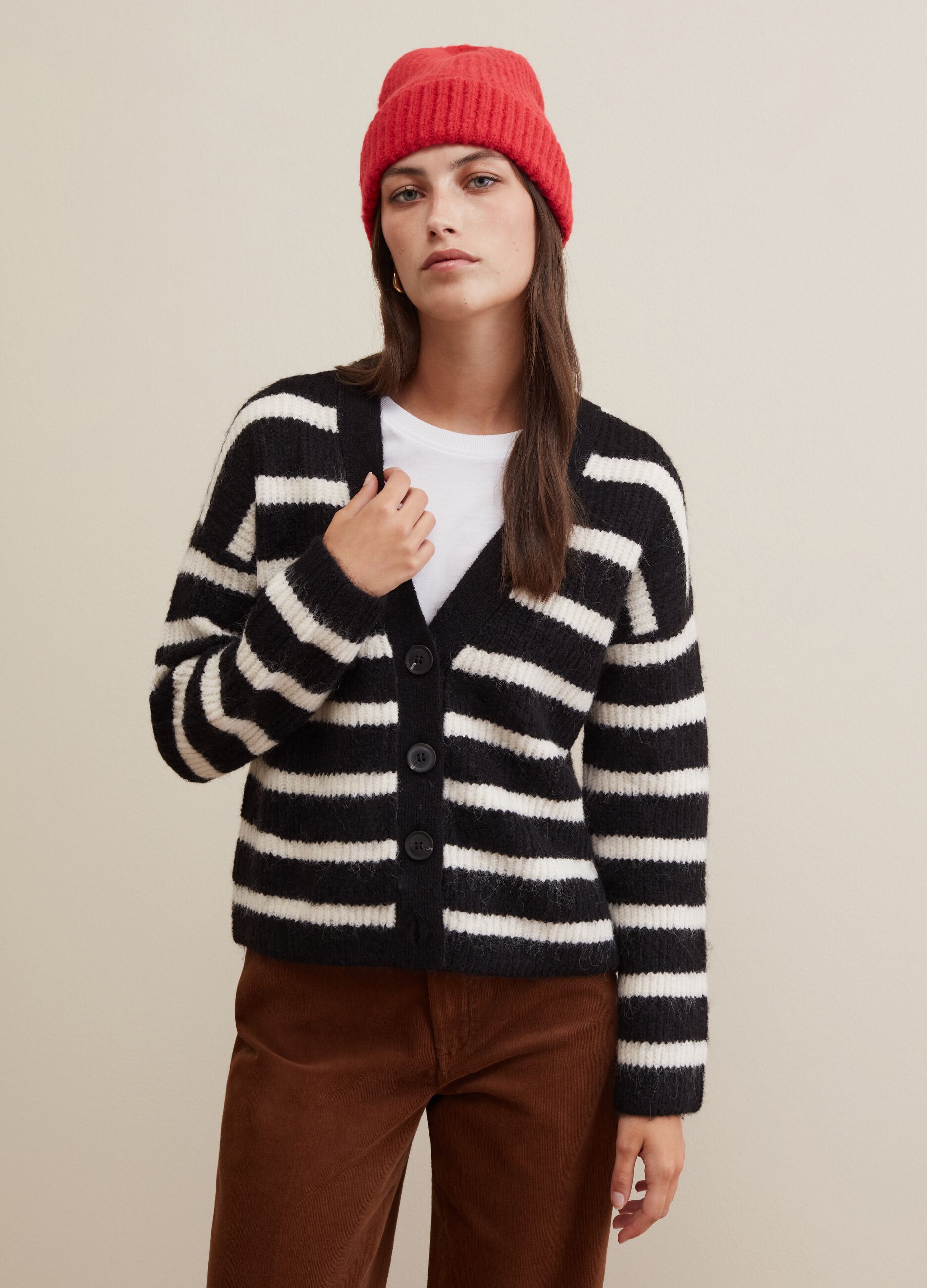 Flat-ribbed cardigan with striped pattern