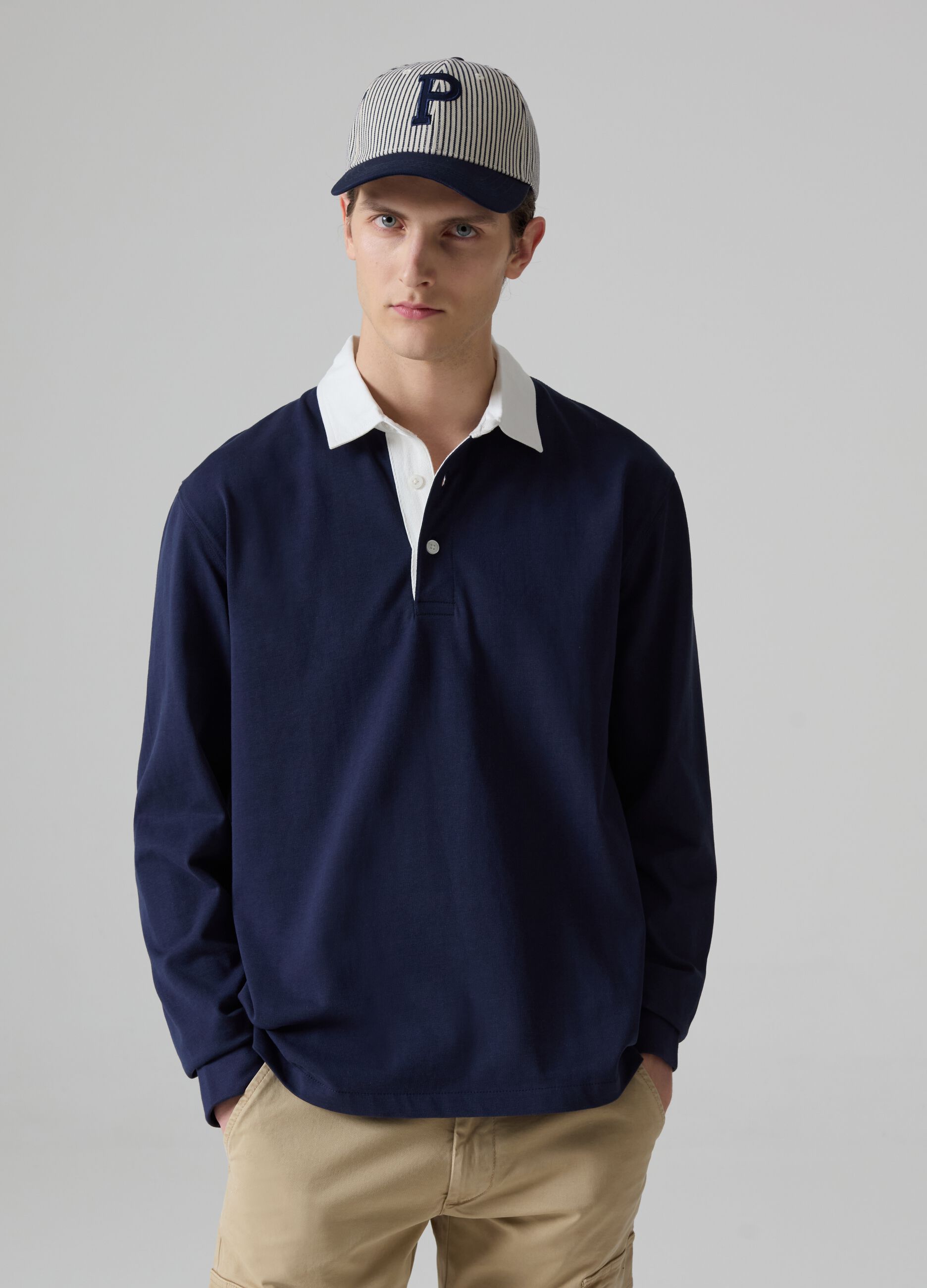 Long-sleeved polo shirt with contrasting collar_0