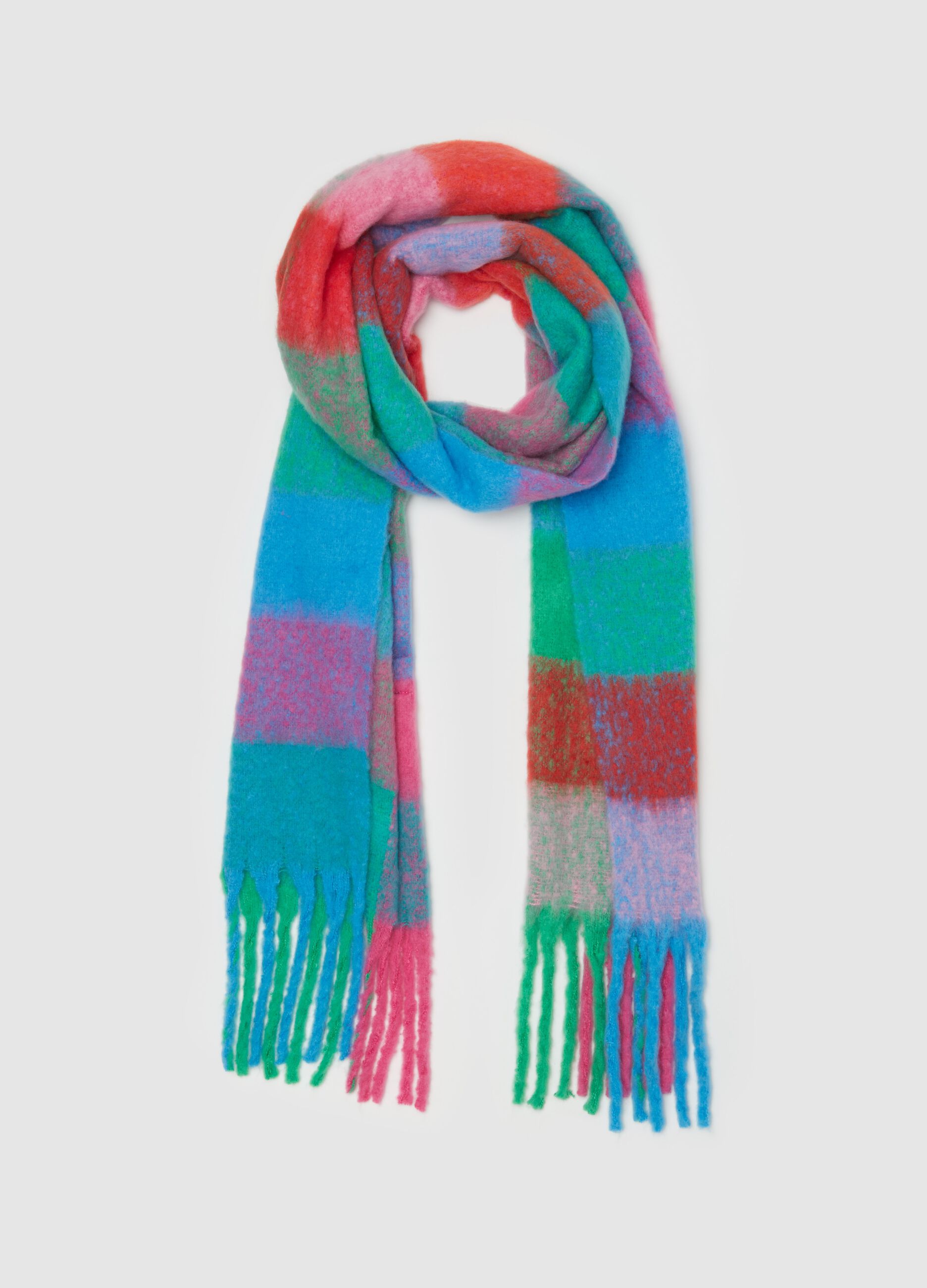 Multicoloured check scarf with fringing_0