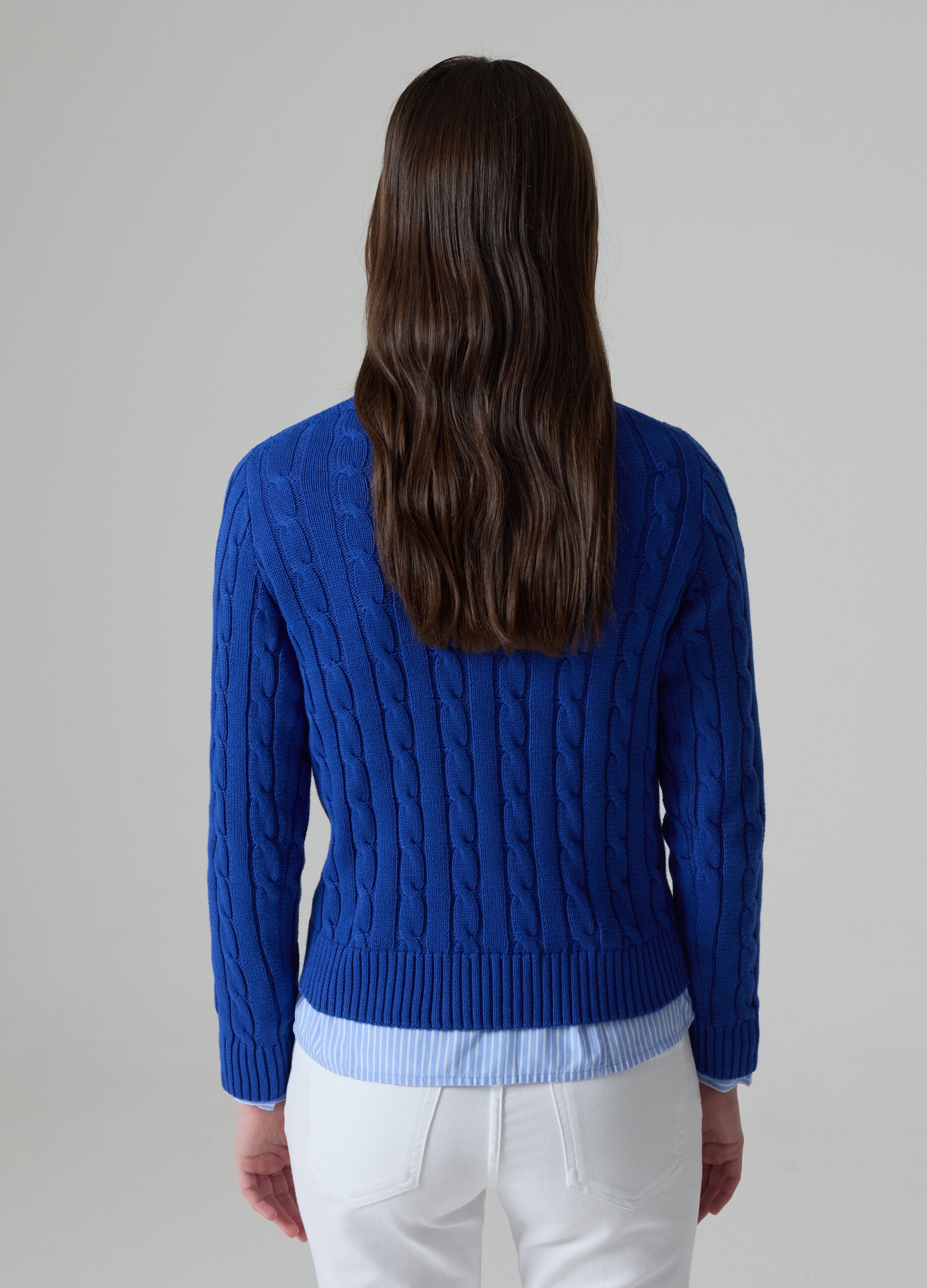 Woman's Royal Blue Ribbed pullover with cable-knit design | PIOMBO