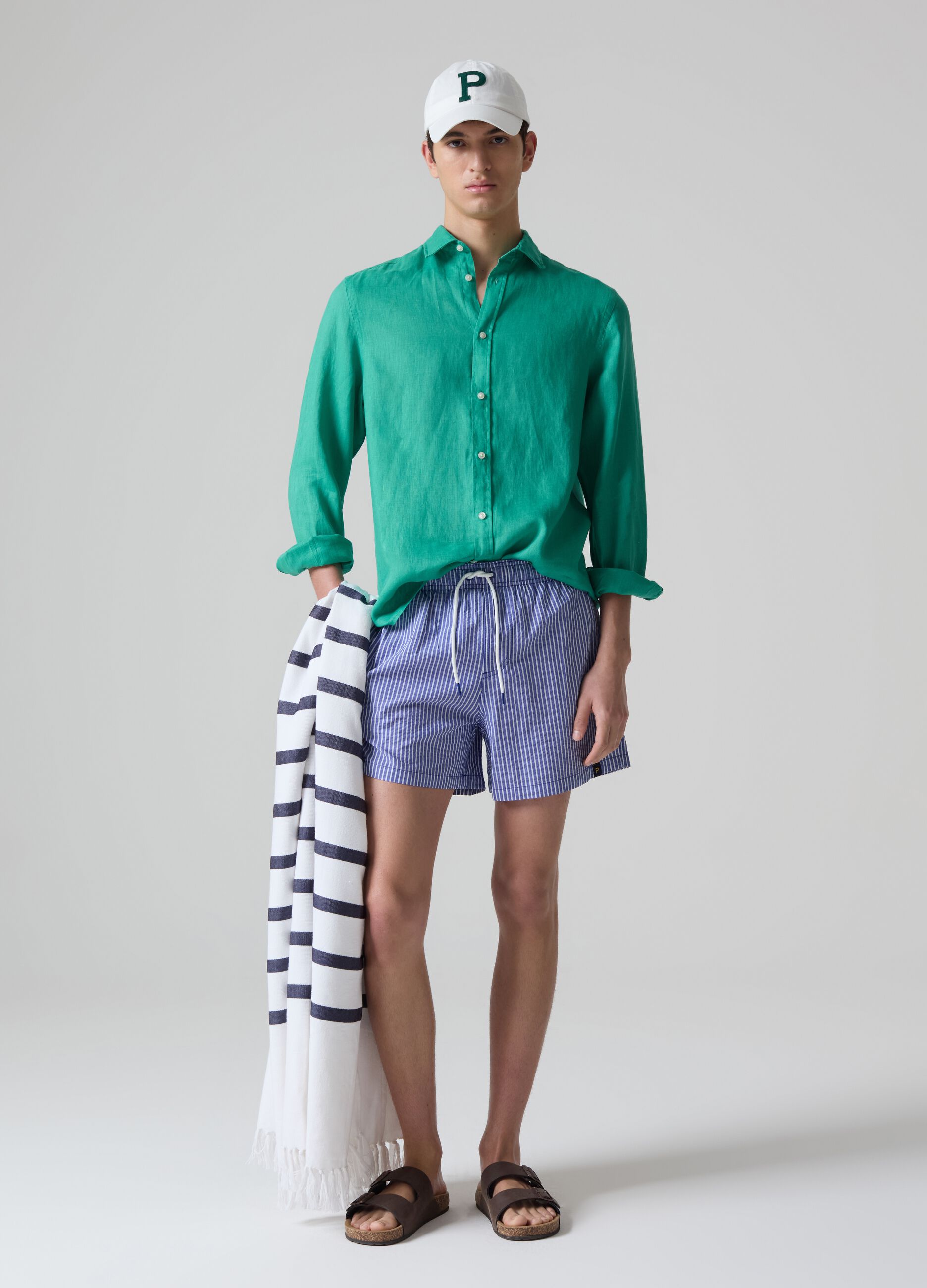 Bermuda swim shorts in striped seersucker